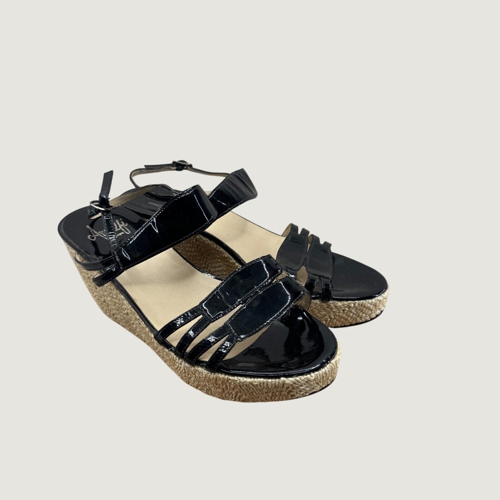 Amalfi by Rangoni Wedge Sandals 8 Black Patent Leather Espadrille Platform Chic
